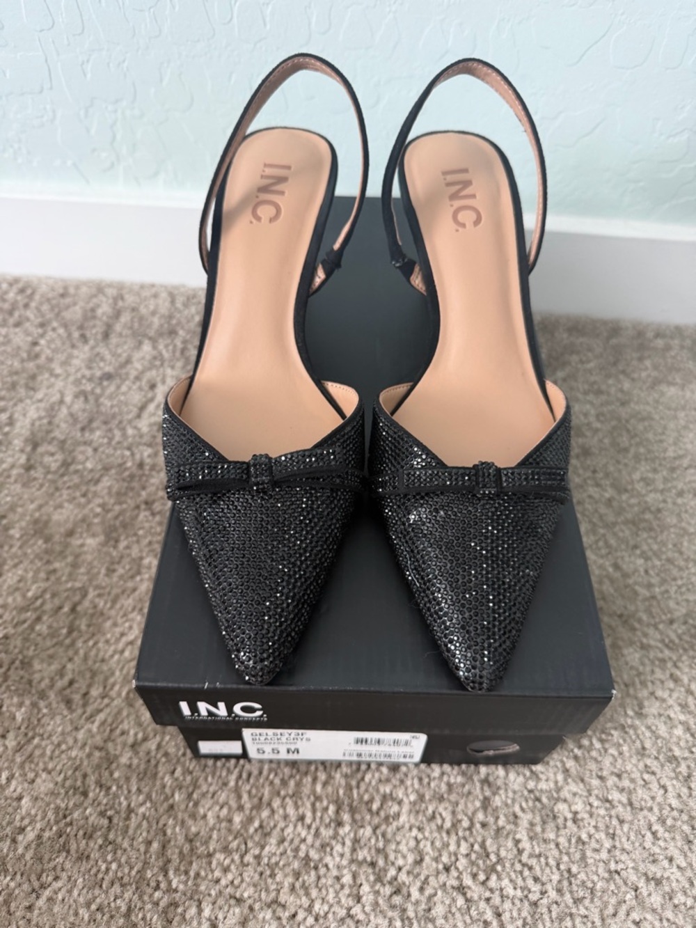 INC International Concepts Black Glitter Pointed Slingback Pumps with Bow